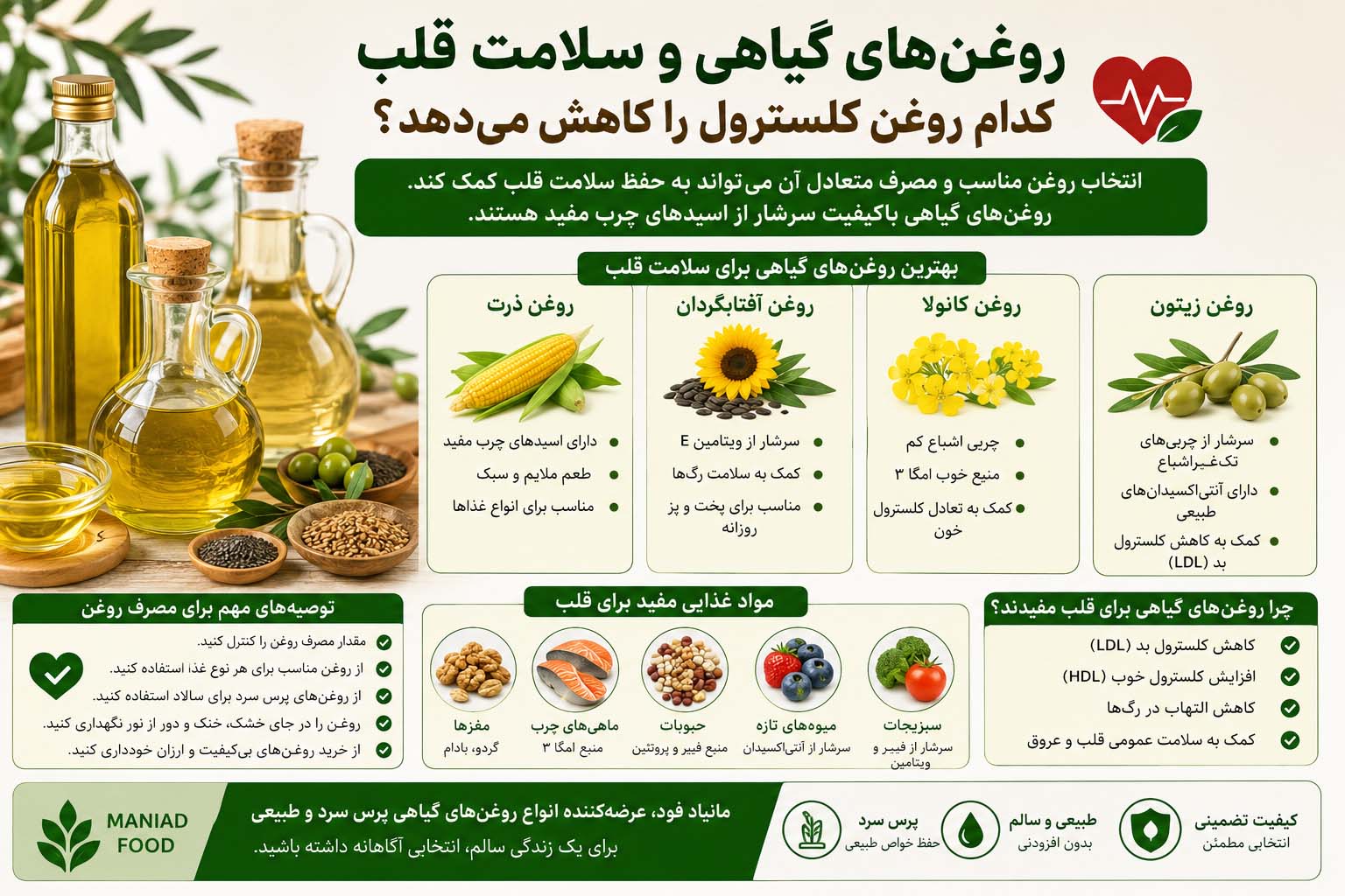 روغن‌های گیاهی و سلامت قلب؛ کدام روغن کلسترول را کاهش می‌دهد؟